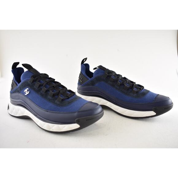 Chanel 20C Mens Blue Black White CC Logo Lace Up Low Top Trainer Sneaker 44 11 - Picture 6 of 13